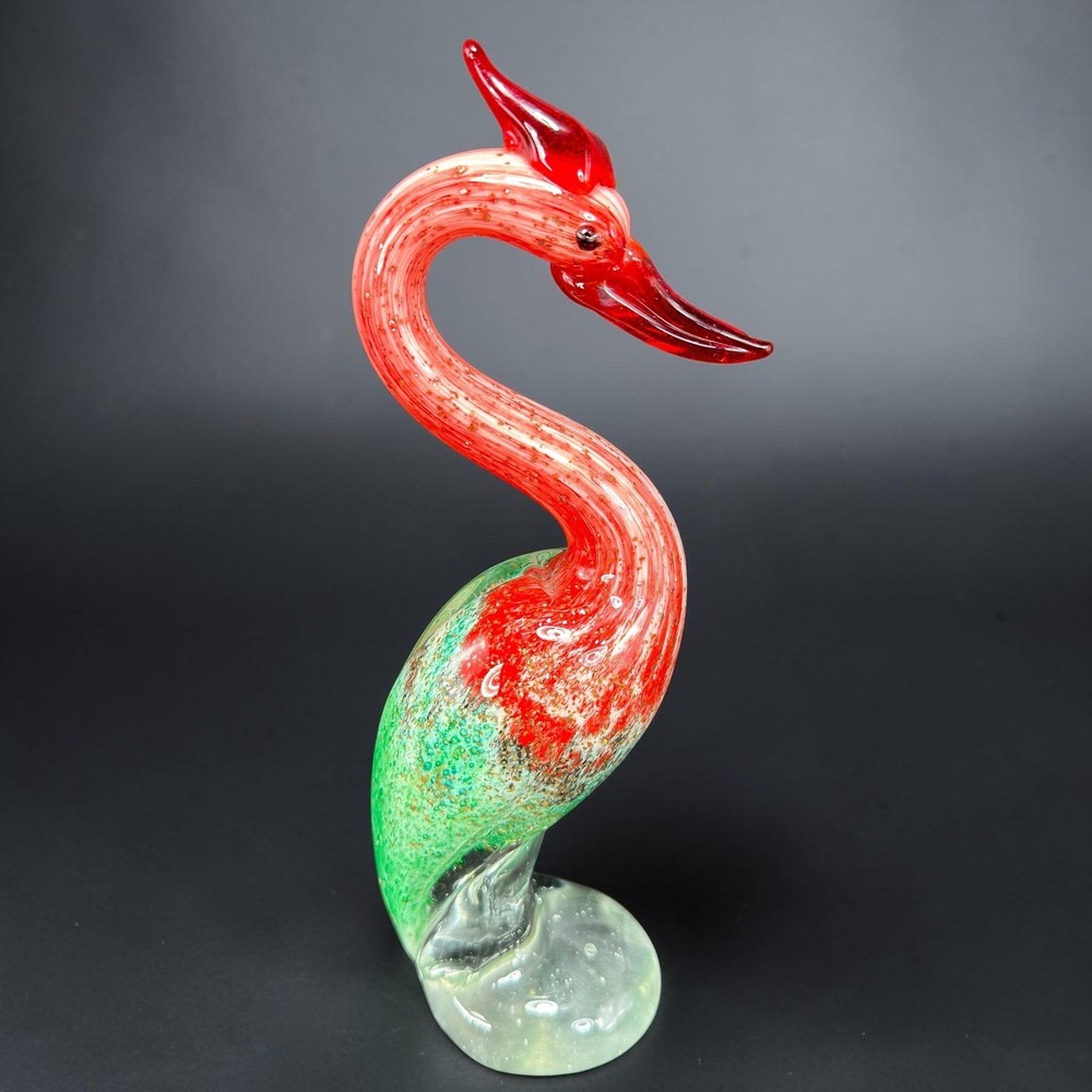 Italian Art Glass Bird Figurine Red Green Gold Aventurine Crane Heron VTG 8.5"